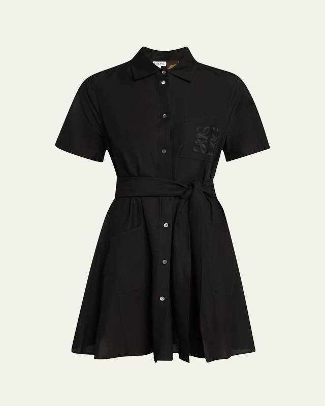 Anagram Pocket Short-Sleeve Belted Mini Shirtdress